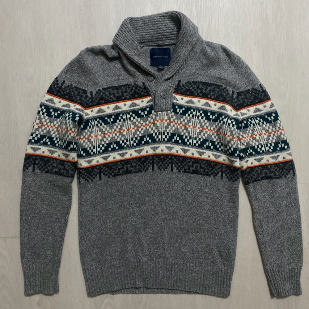 Men's Gray Fair Isle Shawl Collar Sweater